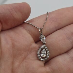 Silver Teardrop Pear Faceted CZ crystal Halo Necklace Victorian Revival